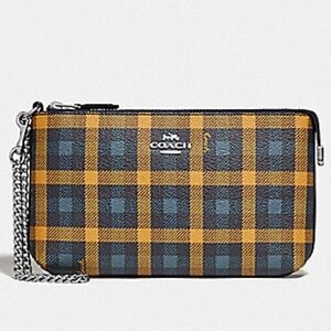 Coach Large Wristlet With Gingham Print - Navy Yellow RARE